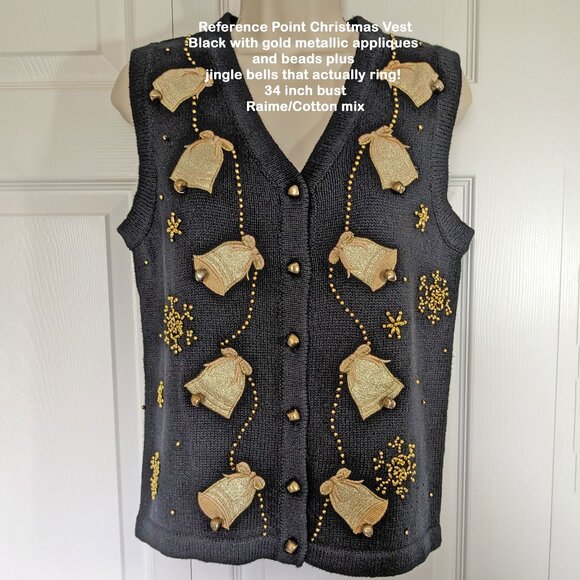 Reference Point Christmas Vest, Black, Gold appliques & beads, Jingling bells! - Picture 1 of 15